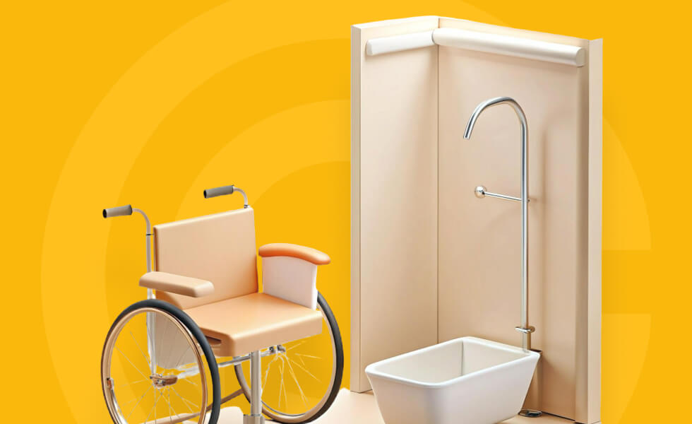 Barrierefreie Dusche Mit Rollstuhl Vor Gelbem Hintergrund