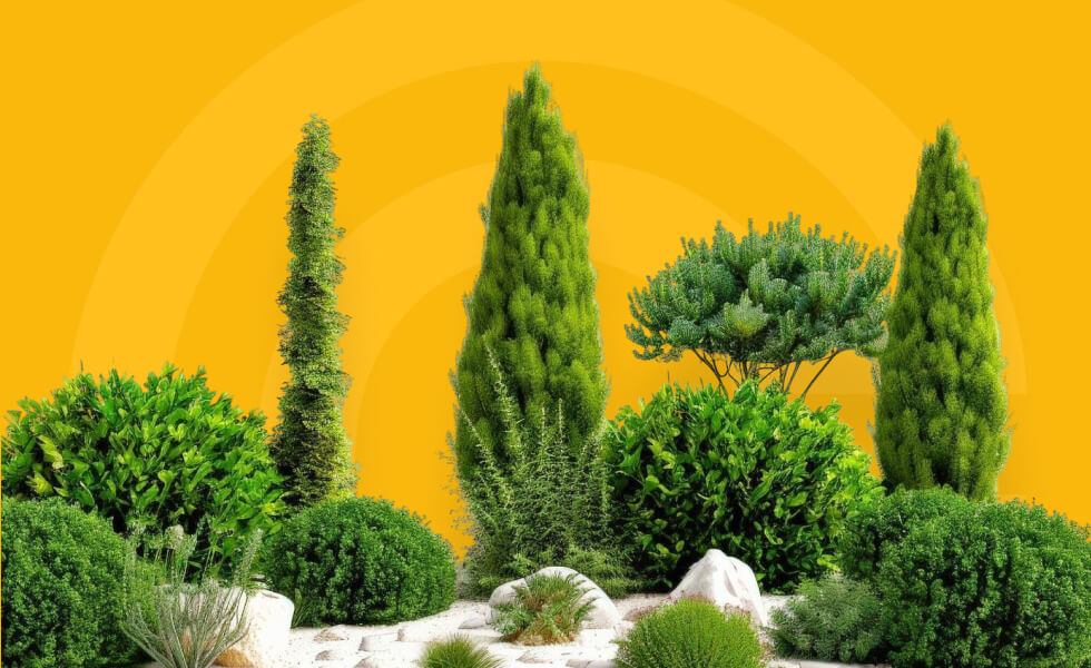 Gartenbepflanzung Mit Ziersträuchern Vor Gelbem Hintergrund